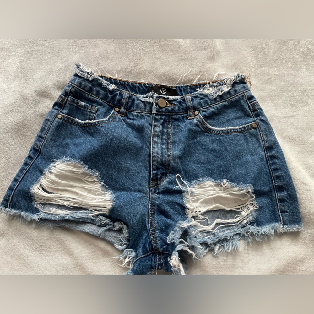 MISSGUIDED WOMEN'S HIGH WAIST RIPPED SHORTS RICH VINTAGE FRINGE HEM SIZE US 2 34